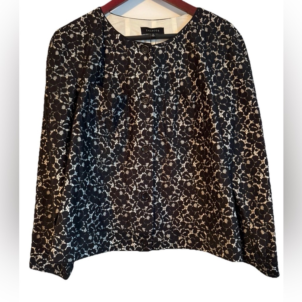 NWT Talbots Womens Black Floral Lace Collarless Jackie Fit Blazer Jacket- Sz 16